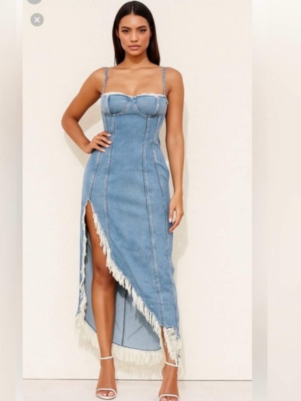 Good American Womens Distressed Denim Corset Maxi Dress Raw Hem Fringed Sz M New